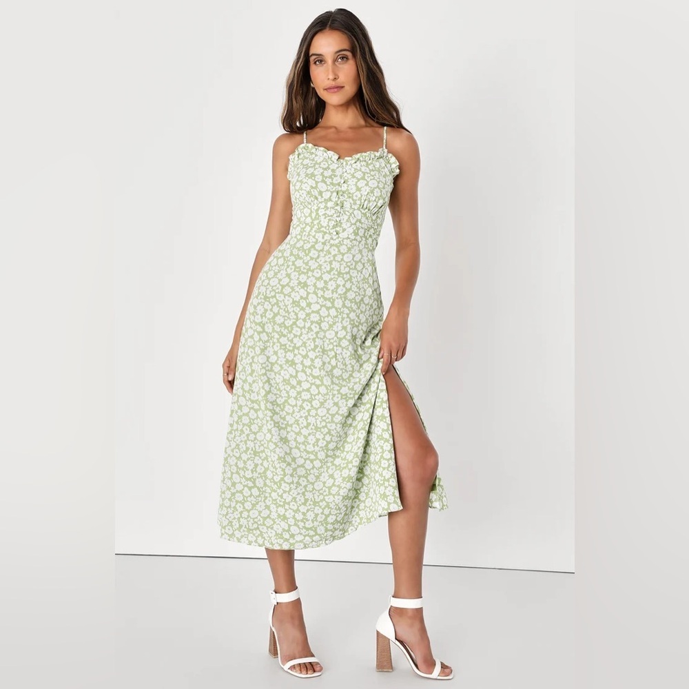 Lulus Lush Timeless Touch Green Floral Print A-Line Midi Dress